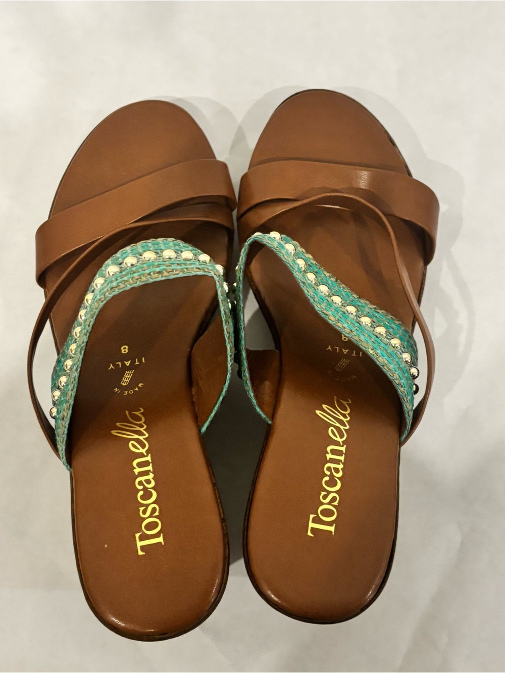 Toscanella Brown Leather Sandals with Turquoise Beaded Strap